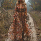 Floral Maxi Dress for Women with Ruffle Collar and Tie Waist Belt - Button-Front Design for Casual or Formal Wear