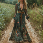 Floral Maxi Dress for Women with Ruffle Collar and Tie Waist Belt - Button-Front Design for Casual or Formal Wear