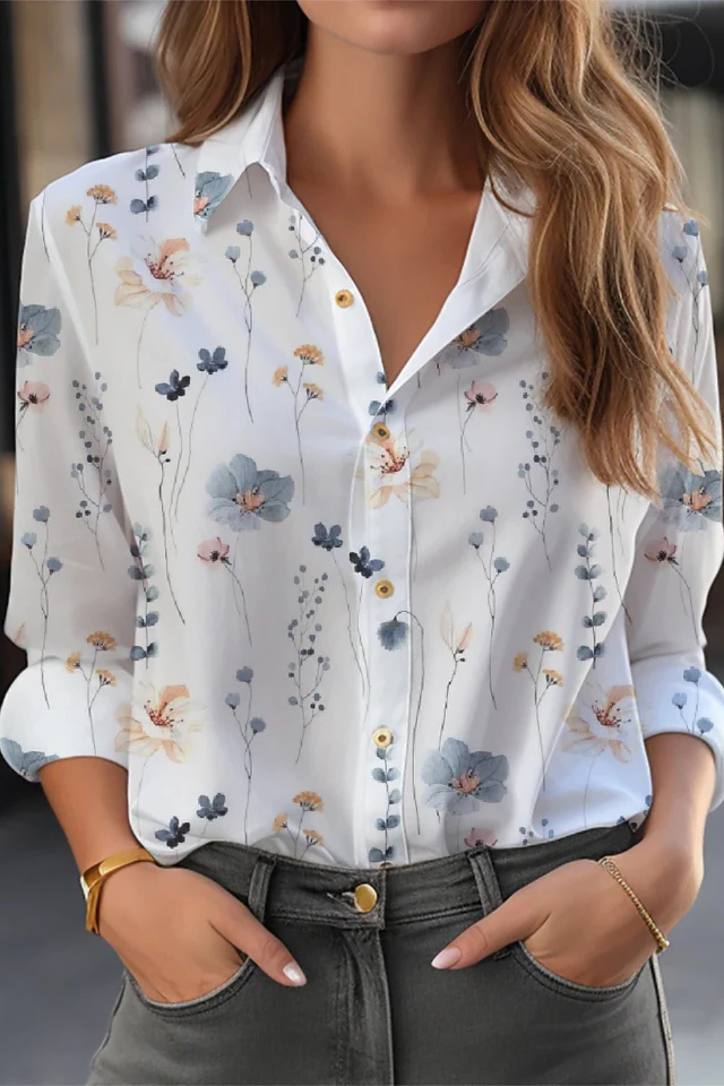 Floral Print Long Sleeve Blouse for Women - Button Down Casual Top