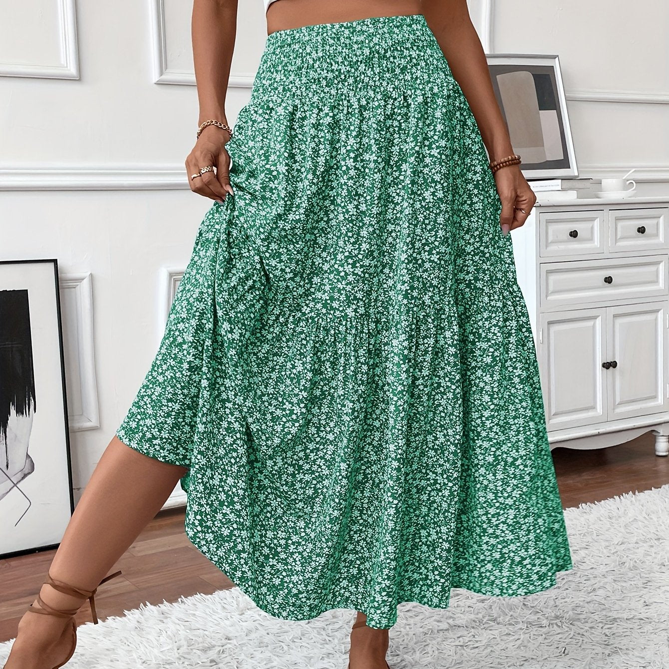 Floral Print Midi Skirt - Lightweight Fabric - Casual Everyday Wear