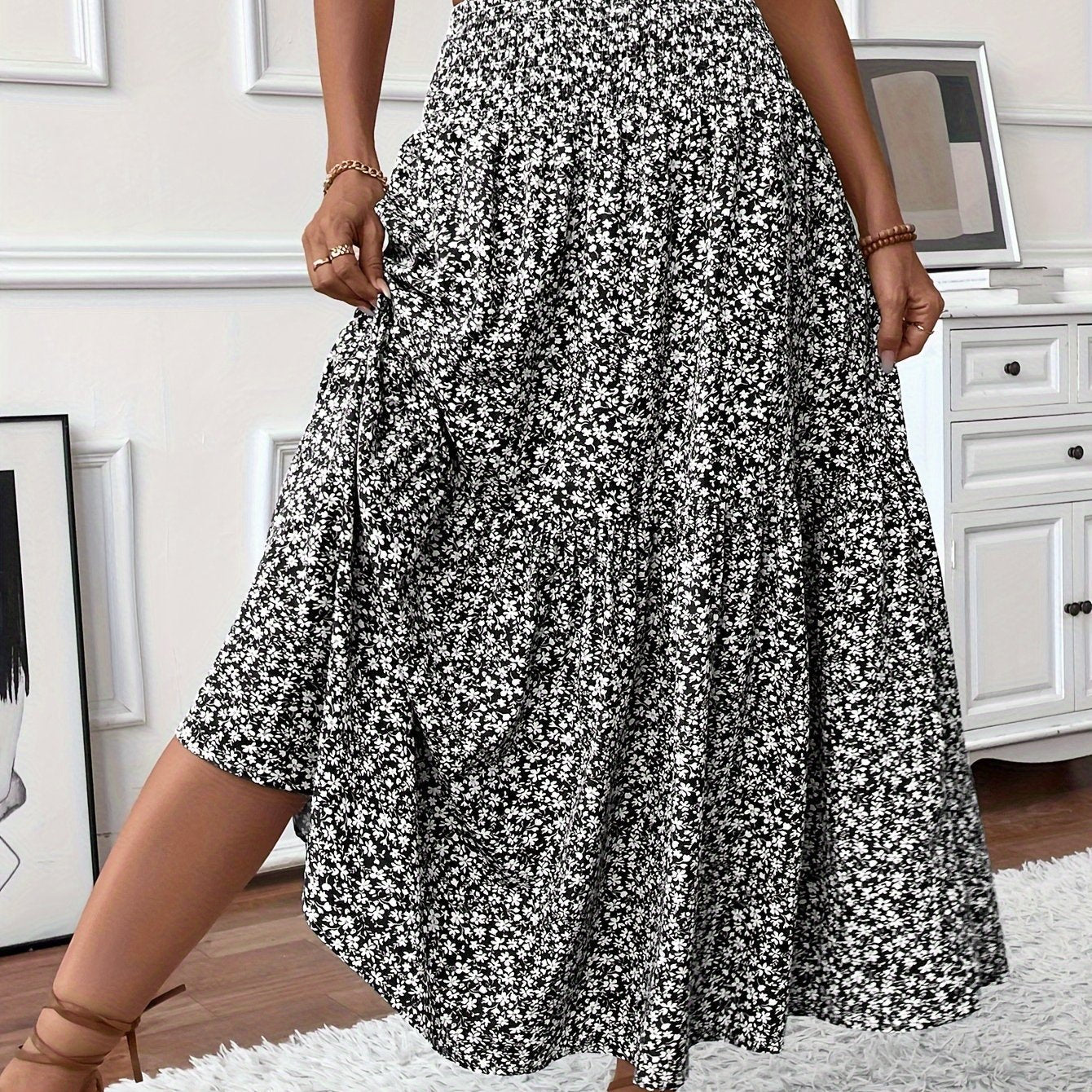 Floral Print Midi Skirt - Lightweight Fabric - Casual Everyday Wear