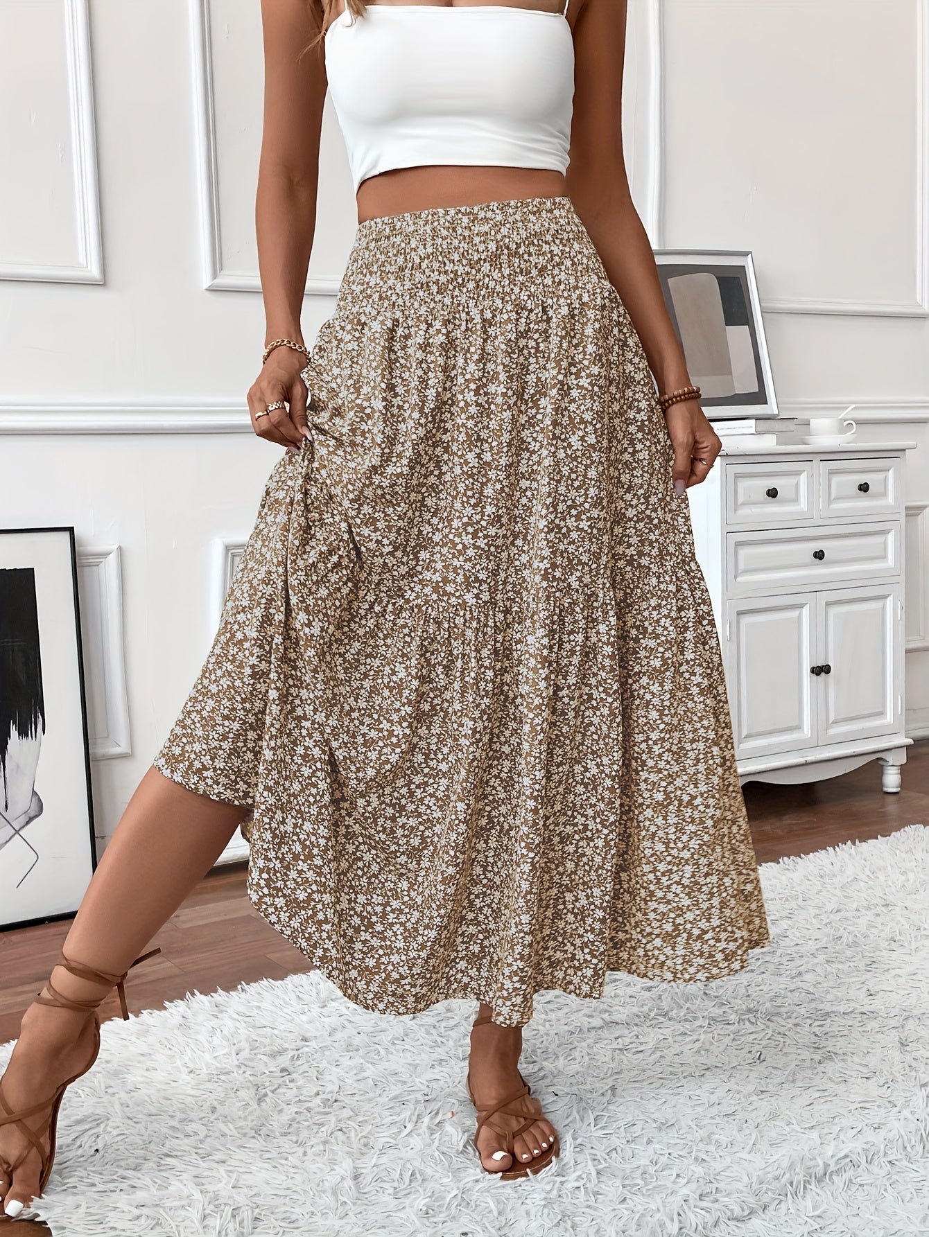 Floral Print Midi Skirt - Lightweight Fabric - Casual Everyday Wear