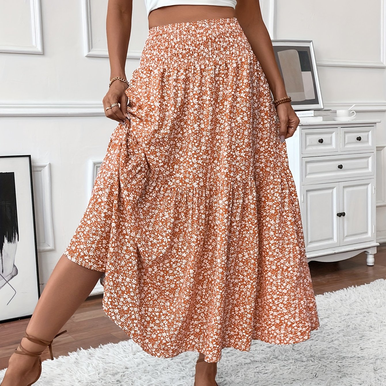 Floral Print Midi Skirt - Lightweight Fabric - Casual Everyday Wear