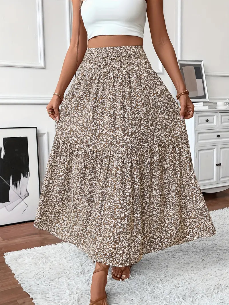 Floral Print Midi Skirt - Lightweight Fabric - Casual Everyday Wear