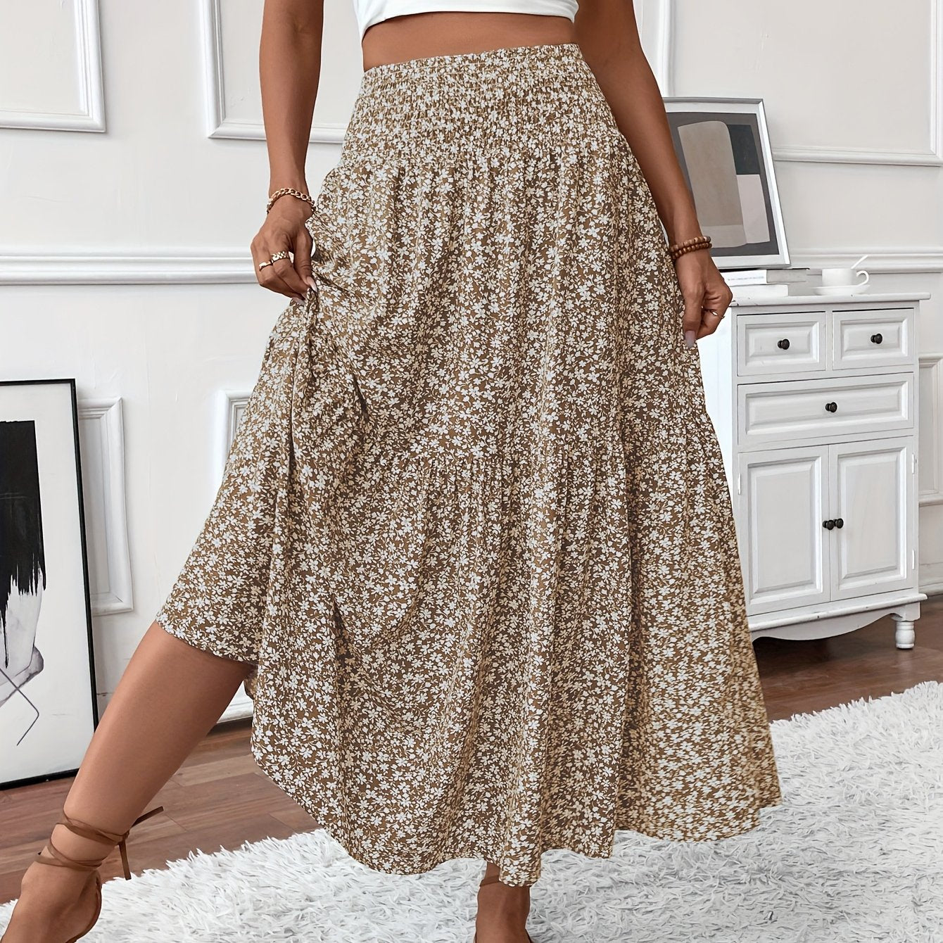 Floral Print Midi Skirt - Lightweight Fabric - Casual Everyday Wear