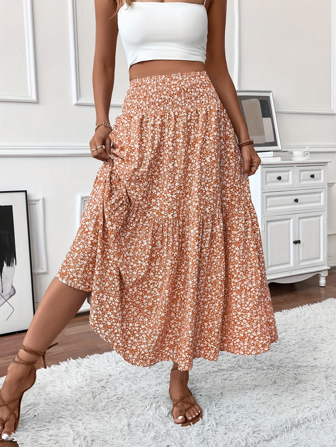 Floral Print Midi Skirt - Lightweight Fabric - Casual Everyday Wear