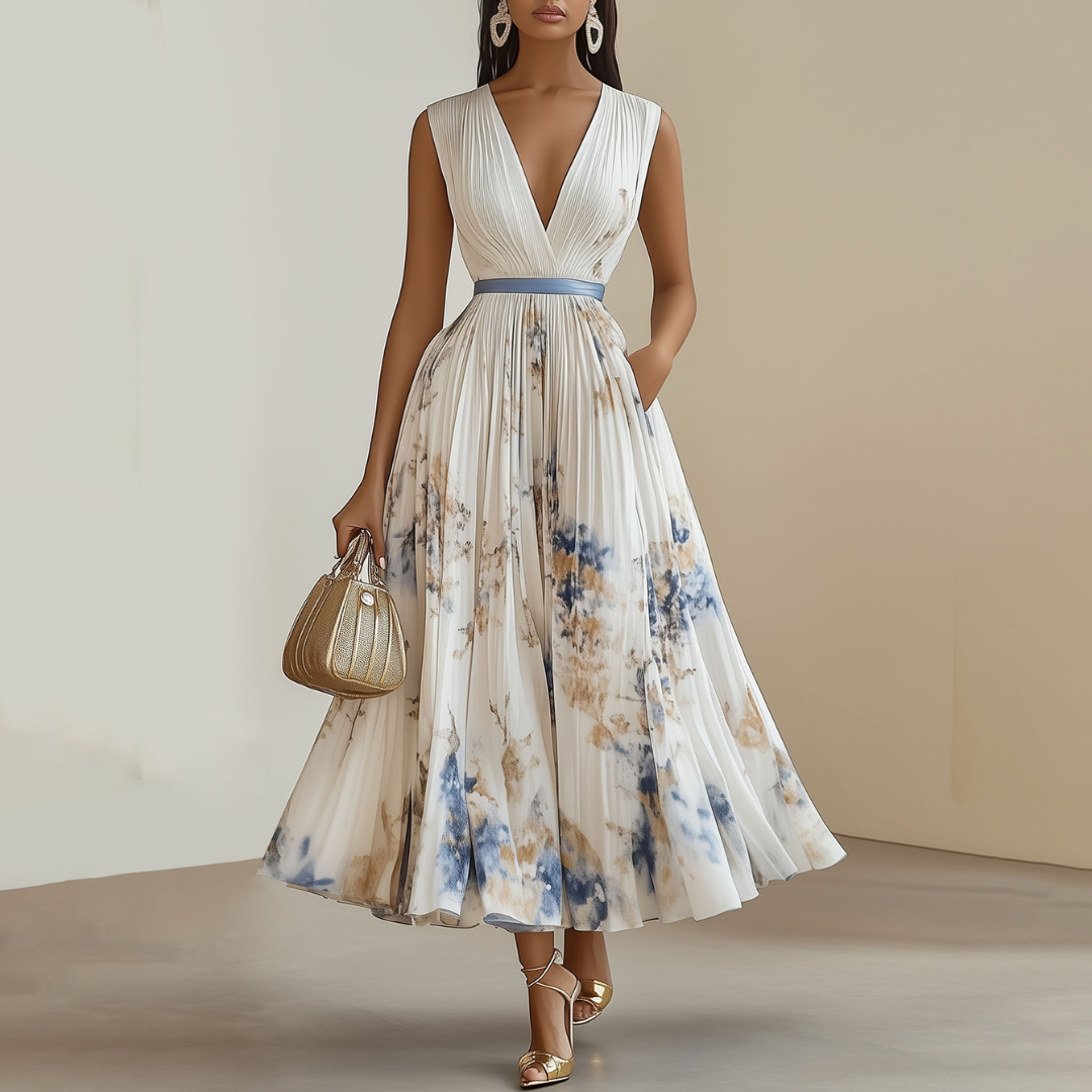 Floral Print Midi Dress in Blue and White for Women's Weddings and Events