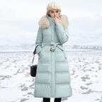 Women's Fur-Hooded Winter Parka – Loose Fit Outdoor Coat – Blue and White