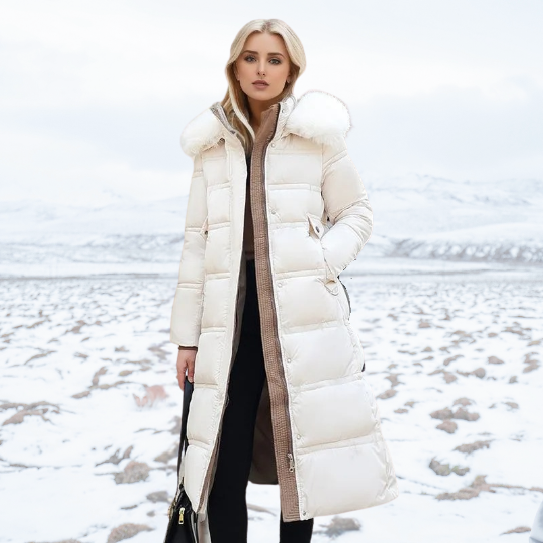 Women's Fur-Hooded Winter Parka – Loose Fit Outdoor Coat – White