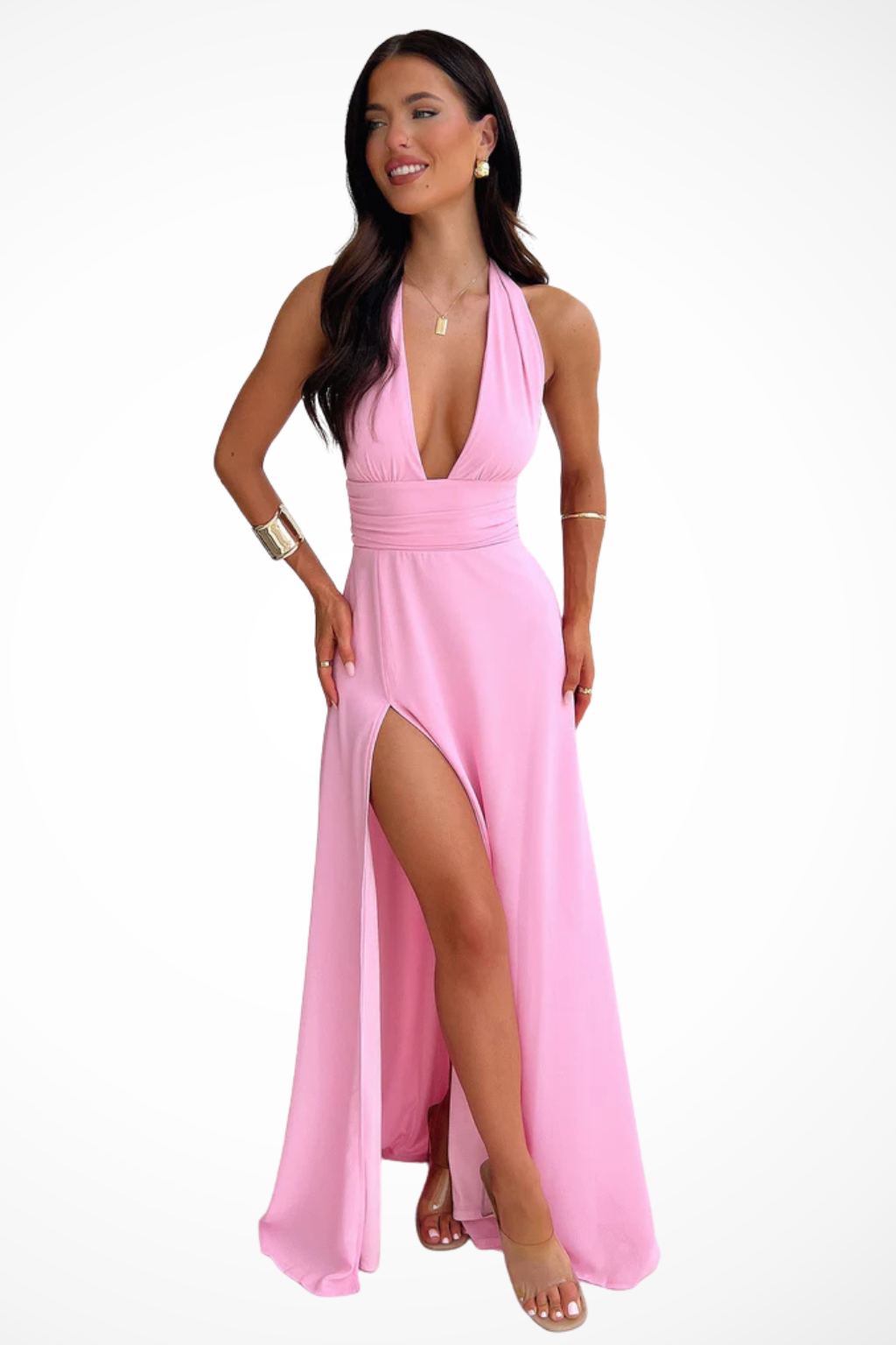 Halter Neck Maxi Dress for Women with Side Slit - Elegant Summer Evening Wear