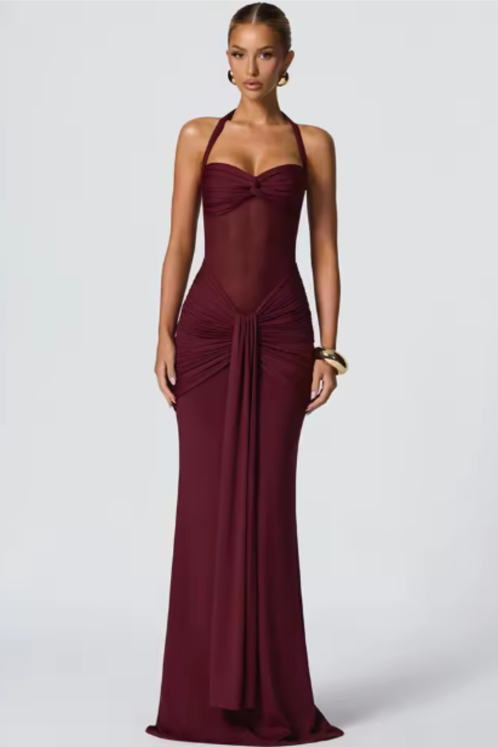 Halter Neck Ruched Maxi Dress for Women | Elegant Wedding Guest Attire