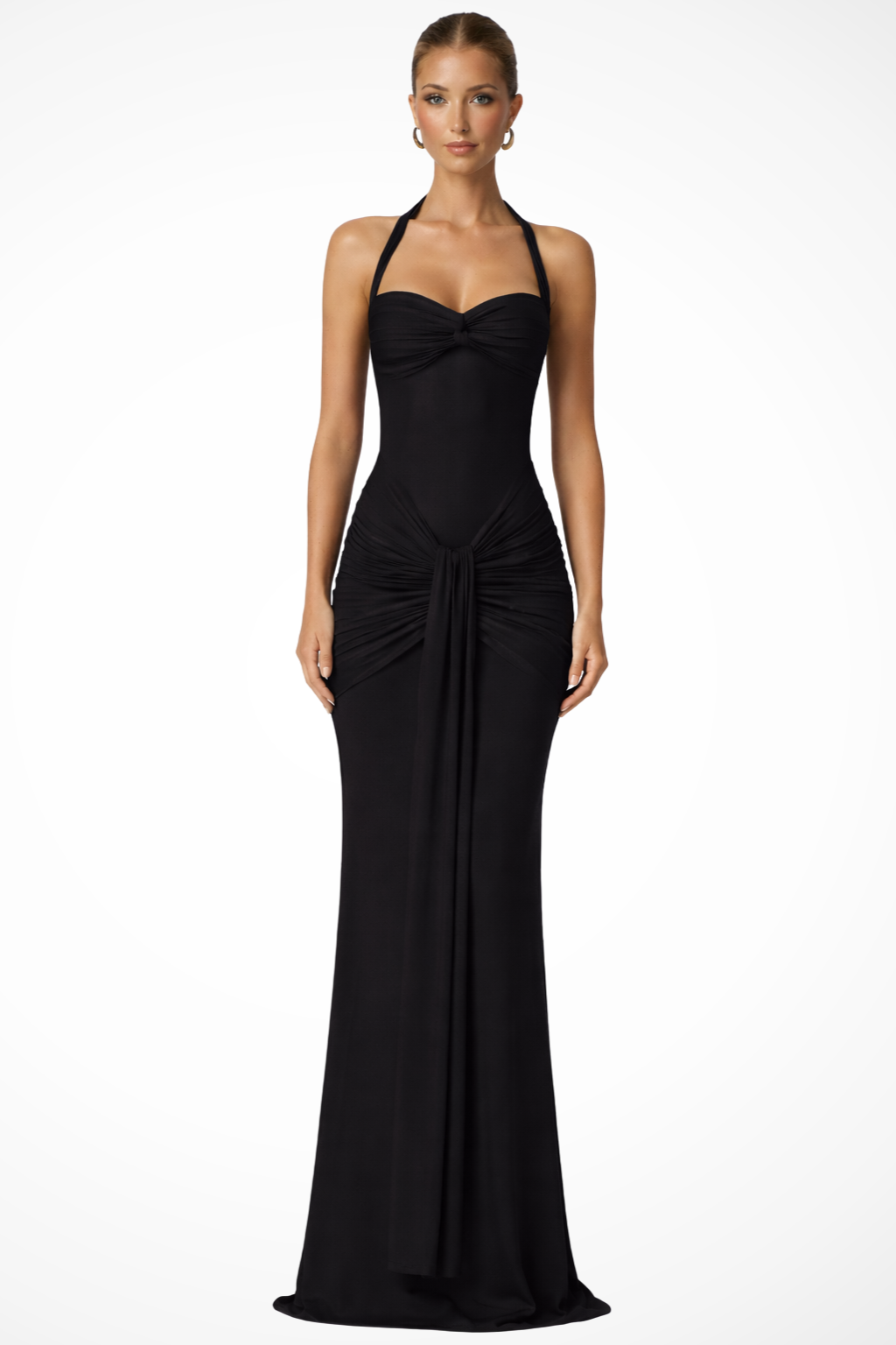 Halter Neck Ruched Maxi Dress for Women | Elegant Wedding Guest Attire