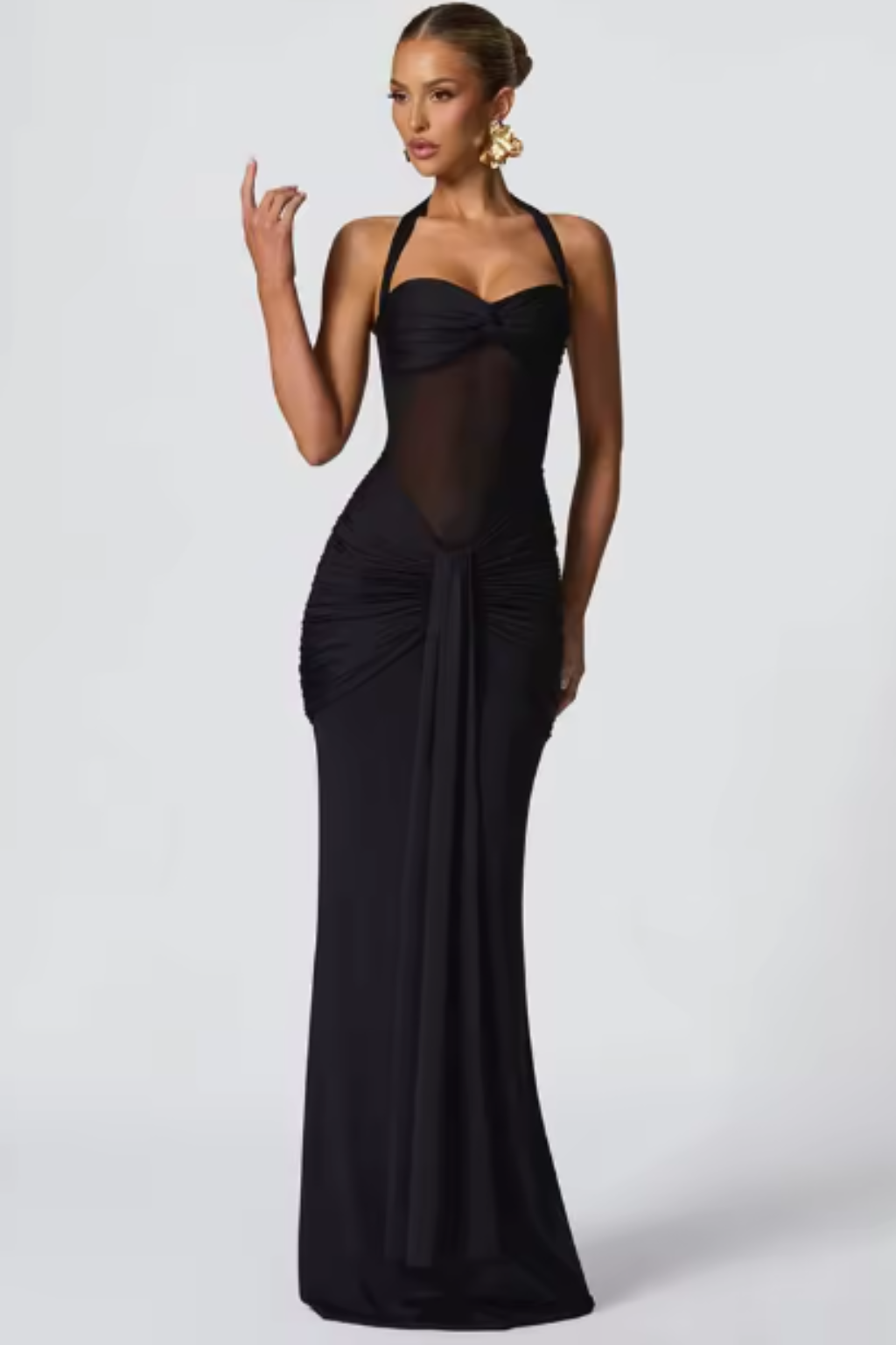 Halter Neck Ruched Maxi Dress for Women | Elegant Wedding Guest Attire