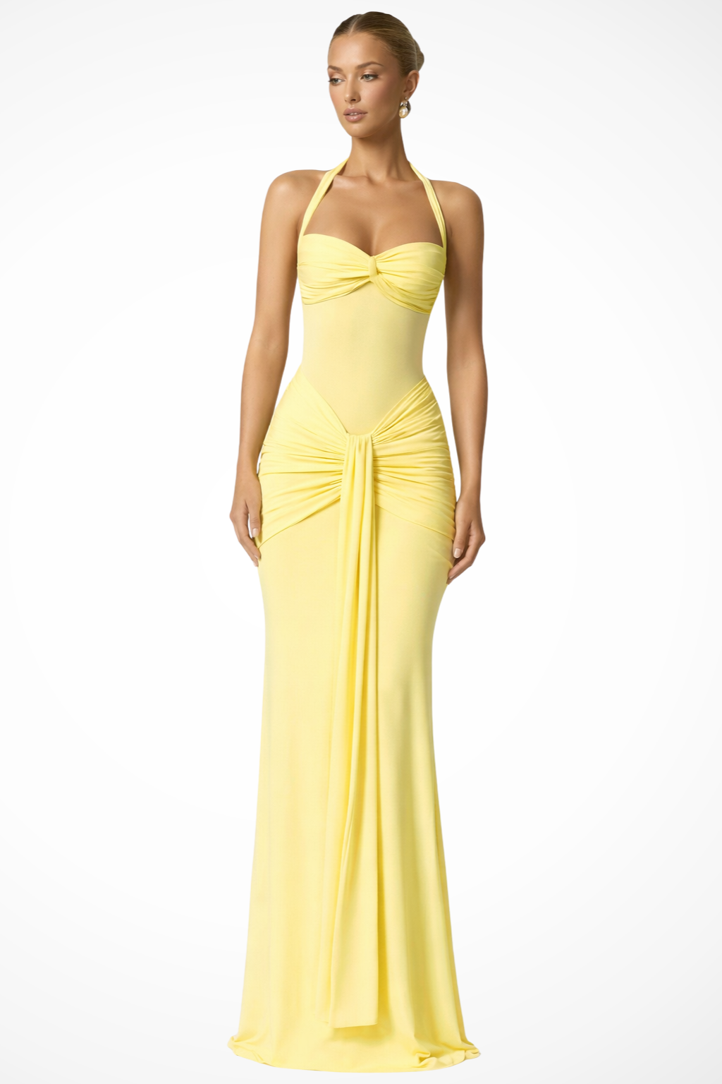 Halter Neck Ruched Maxi Dress for Women | Elegant Wedding Guest Attire