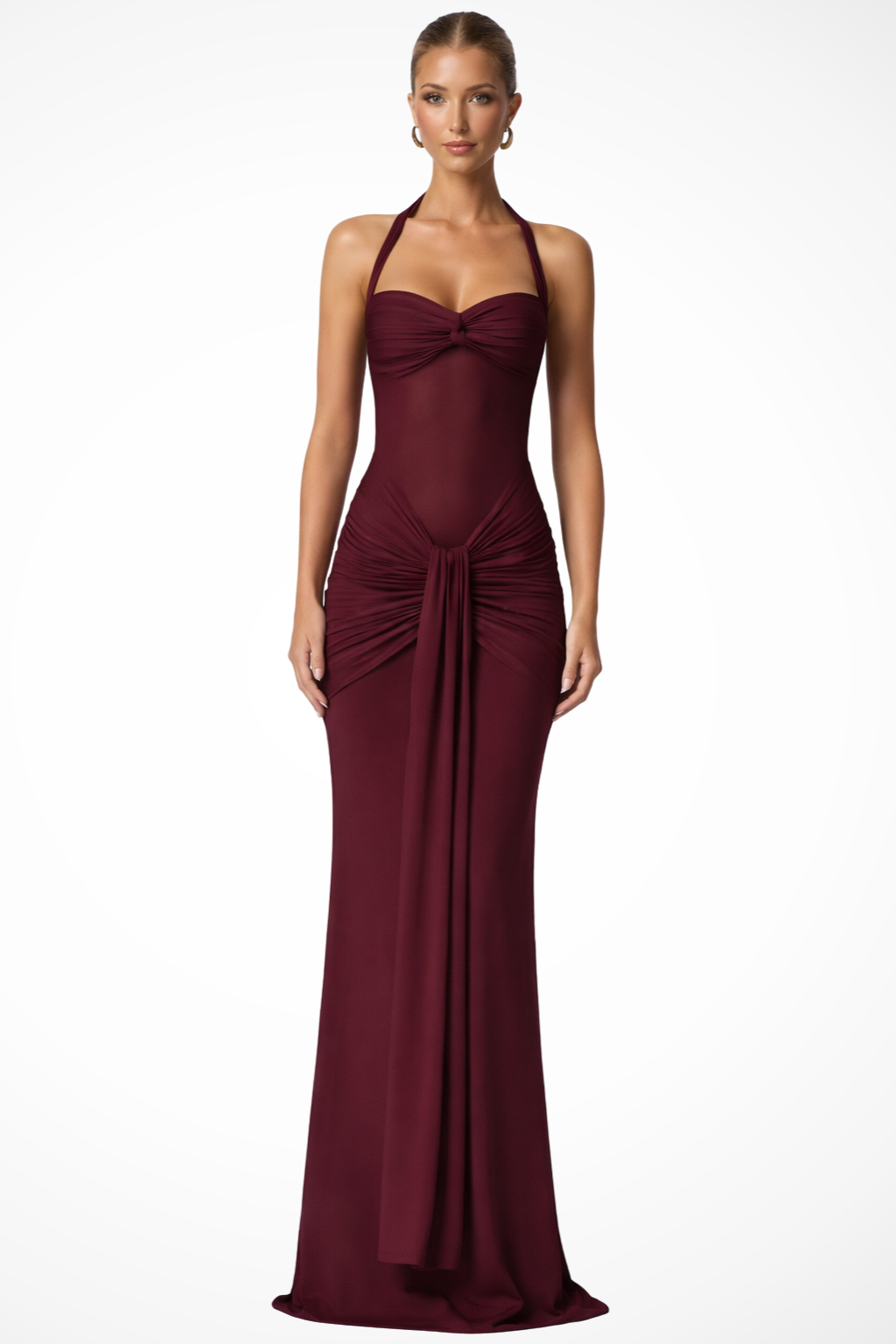 Halter Neck Ruched Maxi Dress for Women | Elegant Wedding Guest Attire