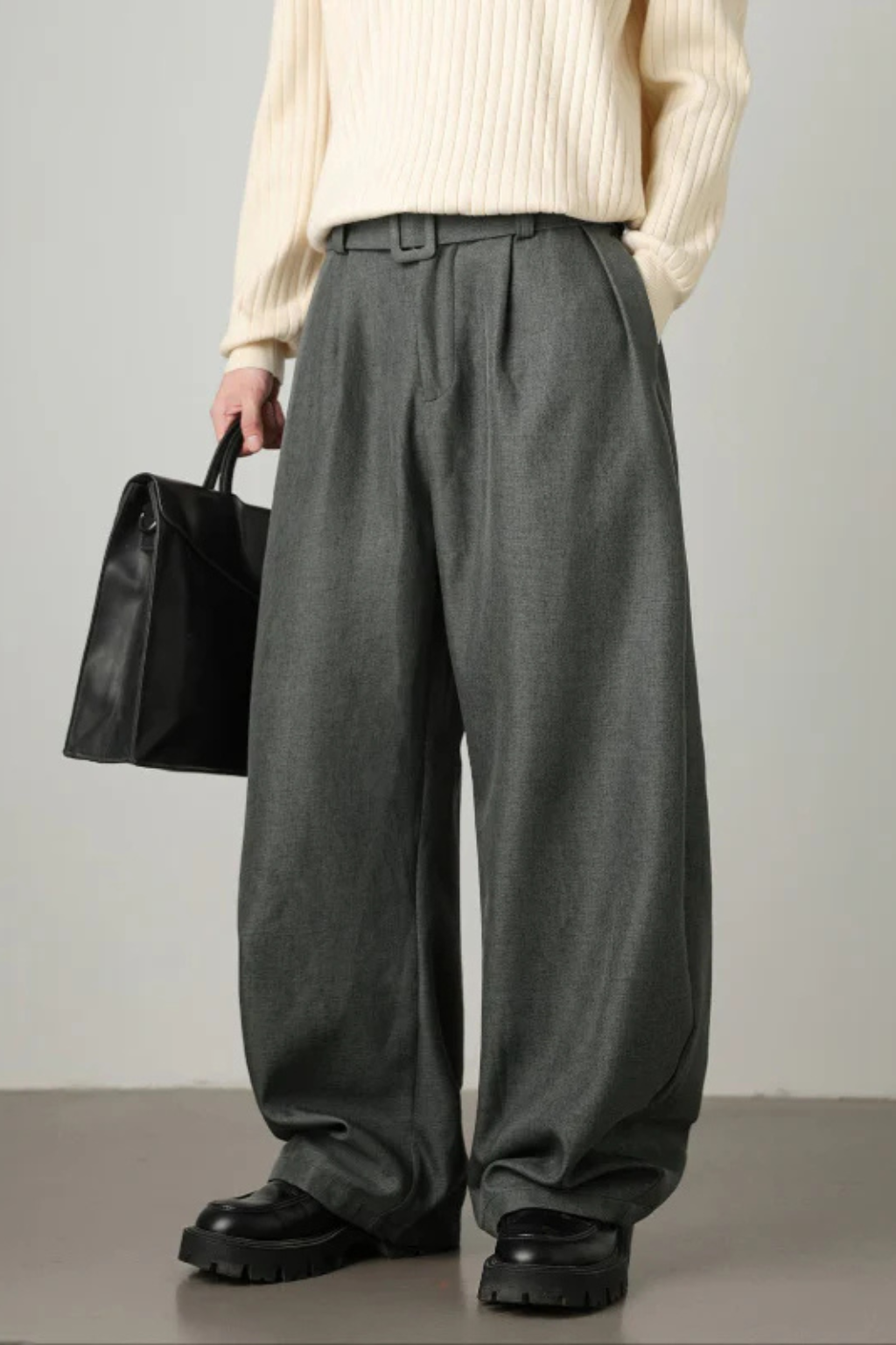 High Waist Pleated Wide Leg Trousers with Adjustable Belt for Men