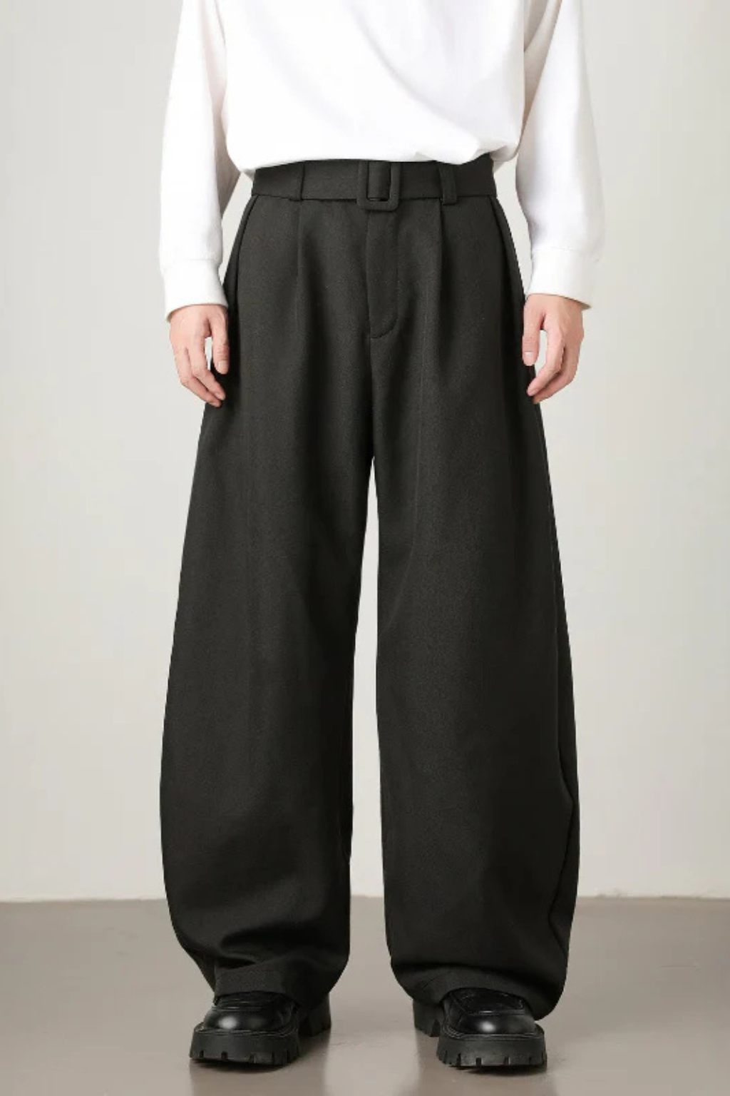 High Waist Pleated Wide Leg Trousers with Adjustable Belt for Men