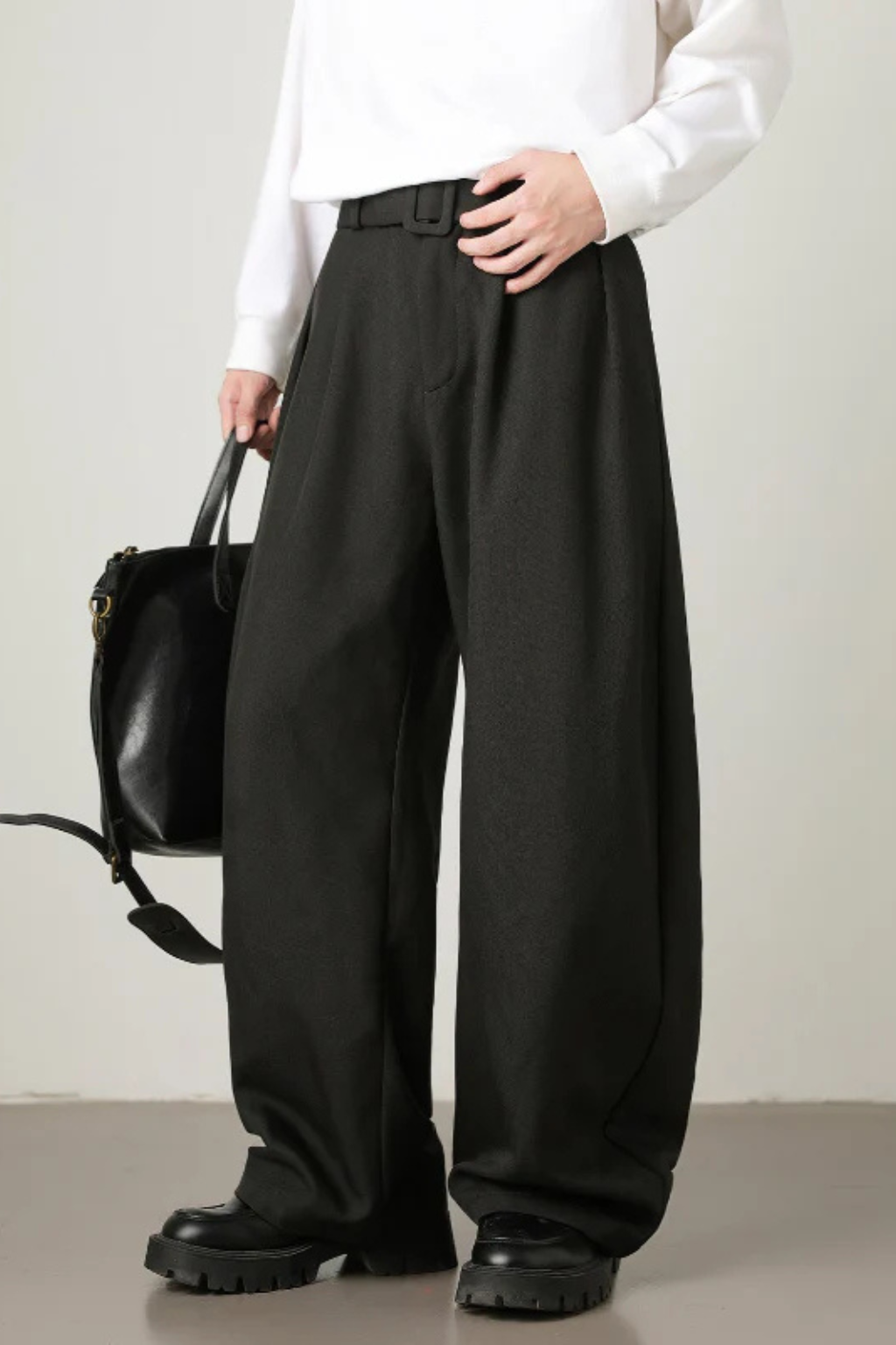 High Waist Pleated Wide Leg Trousers with Adjustable Belt for Men