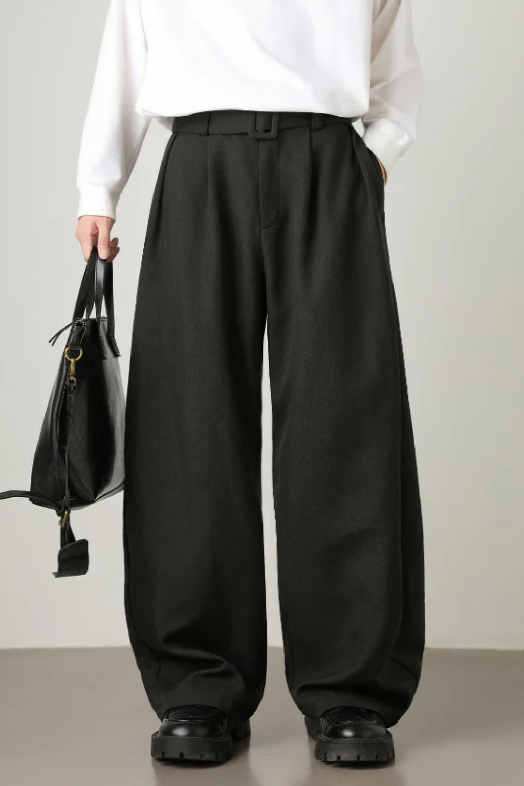 High Waist Pleated Wide Leg Trousers with Adjustable Belt for Men