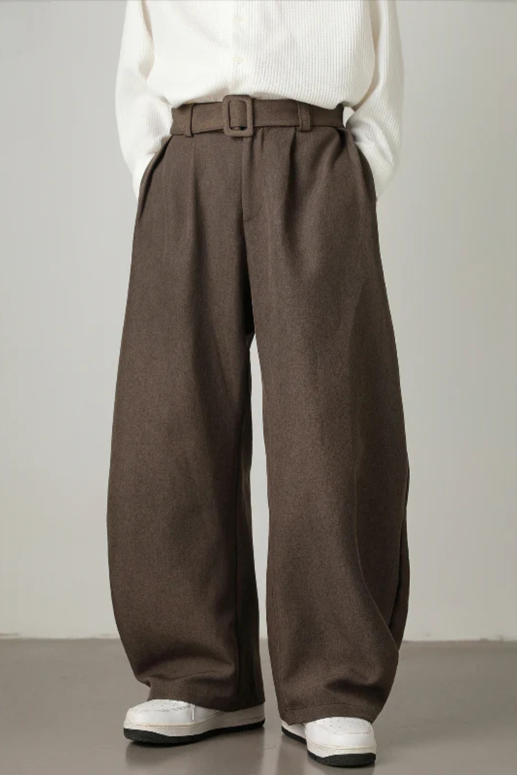 High Waist Pleated Wide Leg Trousers with Adjustable Belt for Men