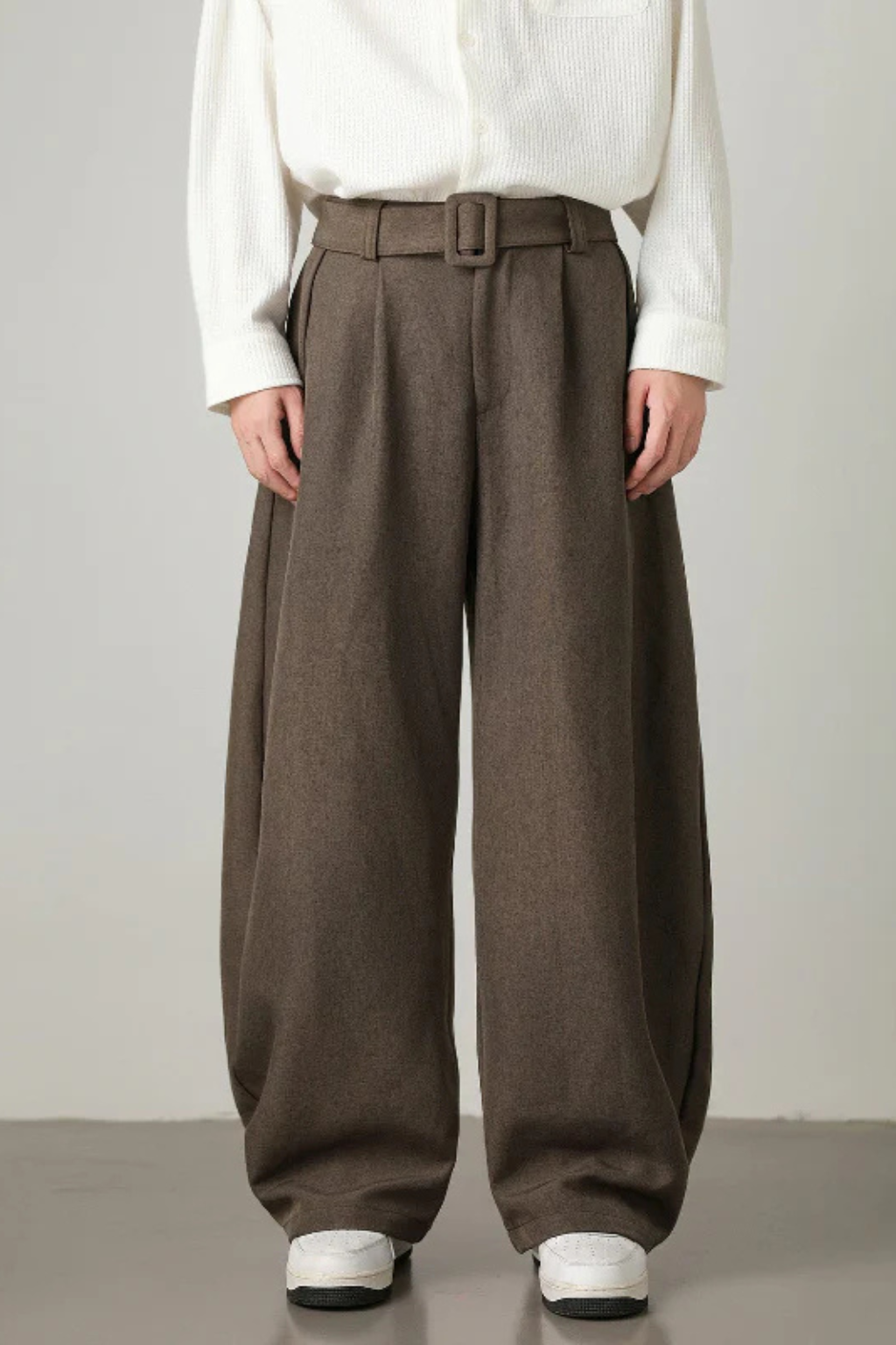 High Waist Pleated Wide Leg Trousers with Adjustable Belt for Men