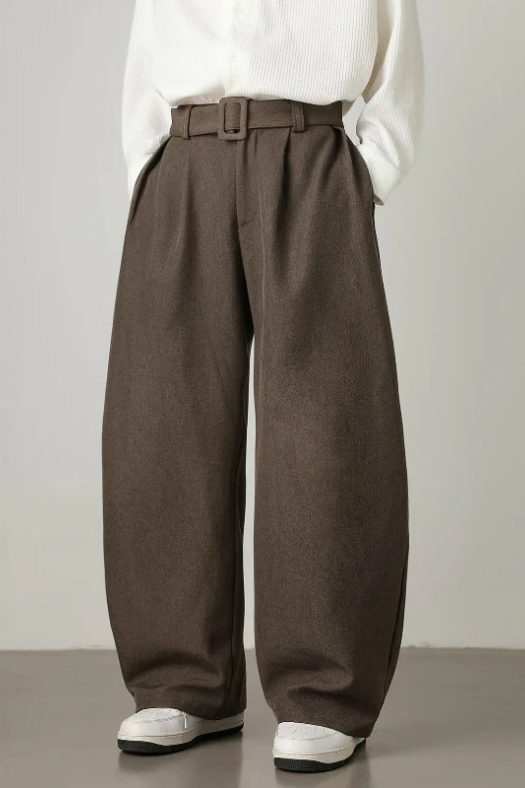 High Waist Pleated Wide Leg Trousers with Adjustable Belt for Men