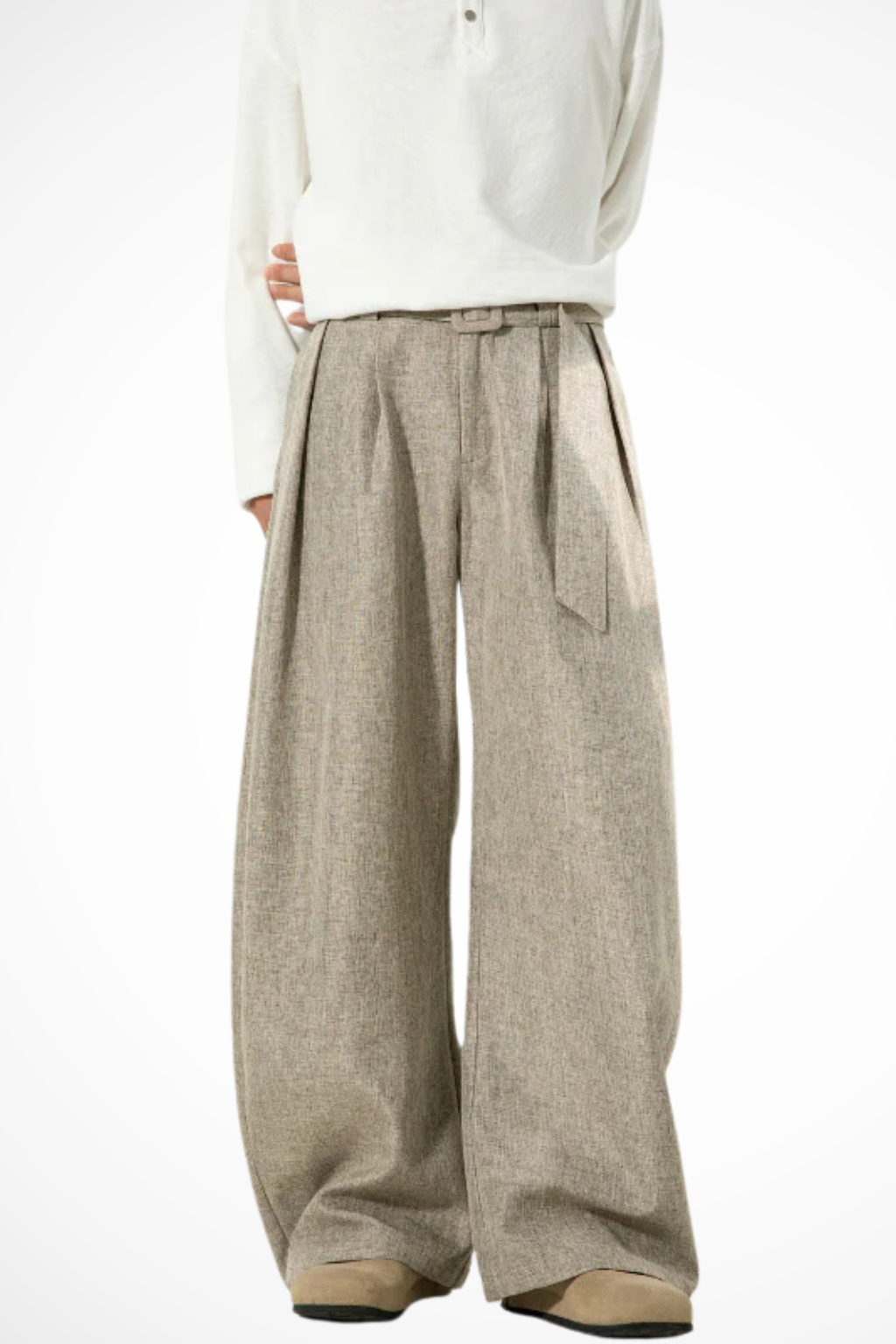 High Waist Pleated Wide Leg Trousers with Adjustable Belt for Men