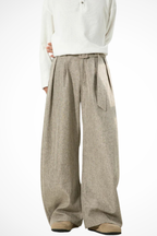 High Waist Pleated Wide Leg Trousers with Adjustable Belt for Men
