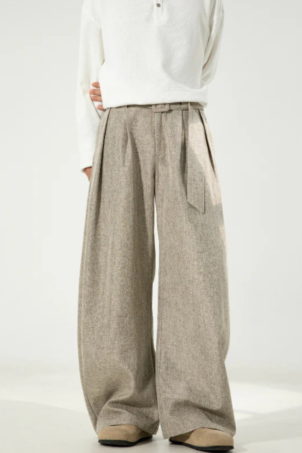High Waist Pleated Wide Leg Trousers with Adjustable Belt for Men