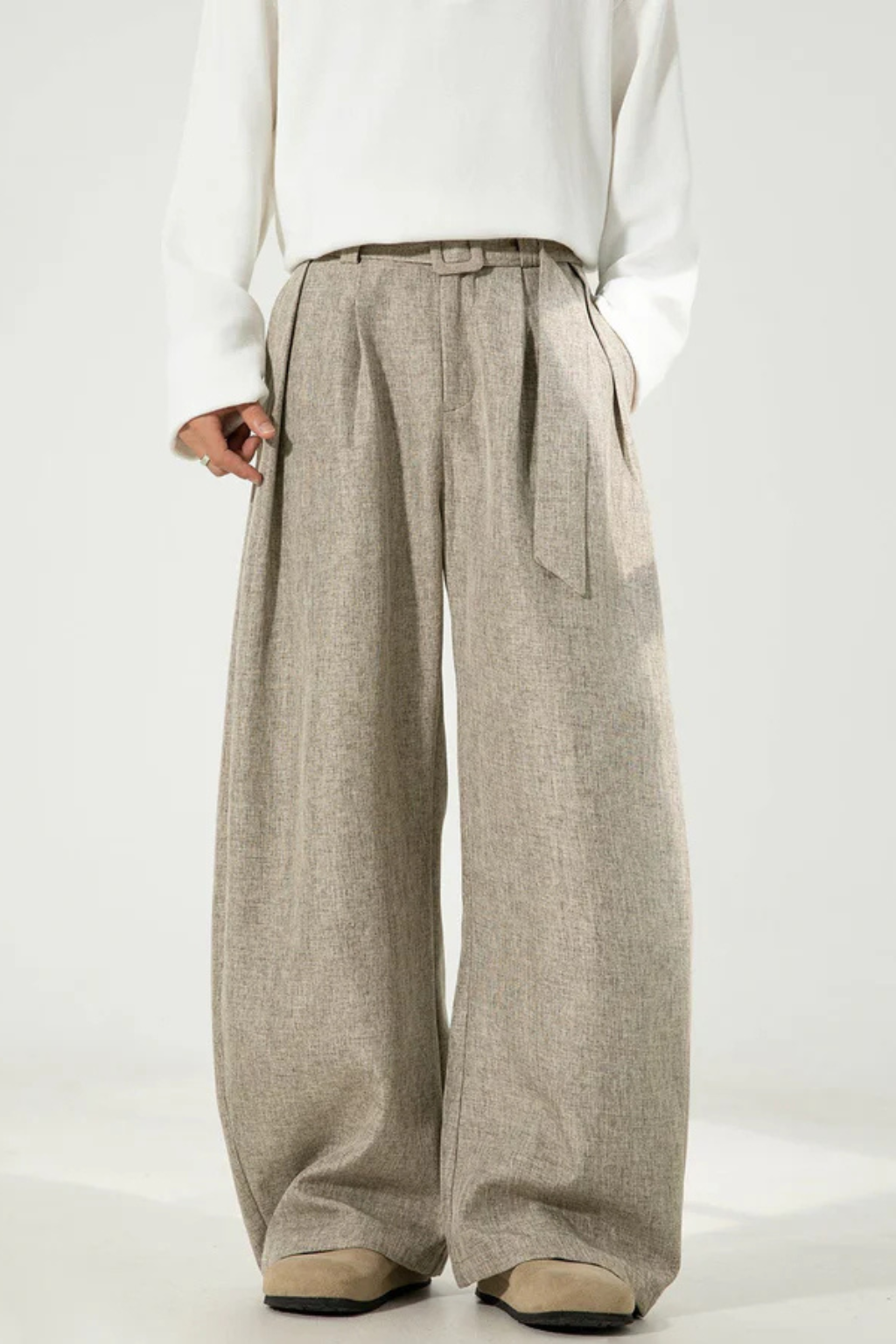 High Waist Pleated Wide Leg Trousers with Adjustable Belt for Men