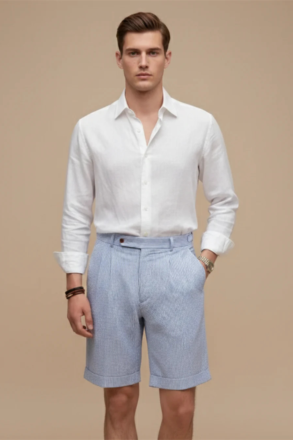 High Waist Striped Seersucker Chino Shorts for Men with Pleated Turn-Up Hem