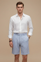 High Waist Striped Seersucker Chino Shorts for Men with Pleated Turn-Up Hem
