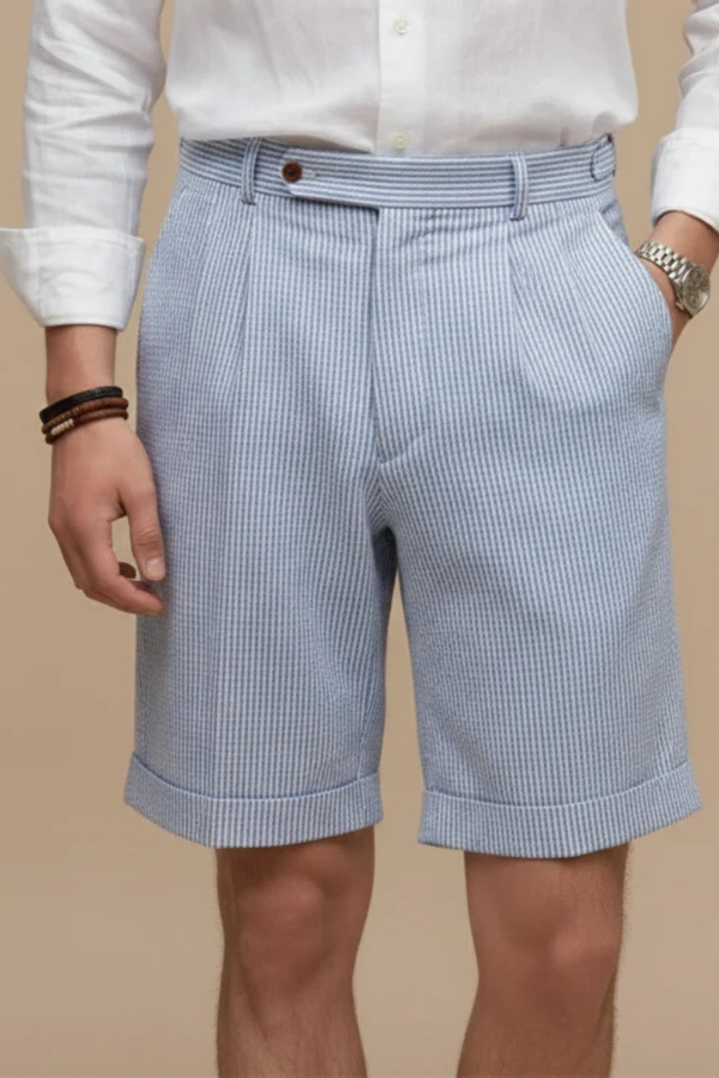 High Waist Striped Seersucker Chino Shorts for Men with Pleated Turn-Up Hem
