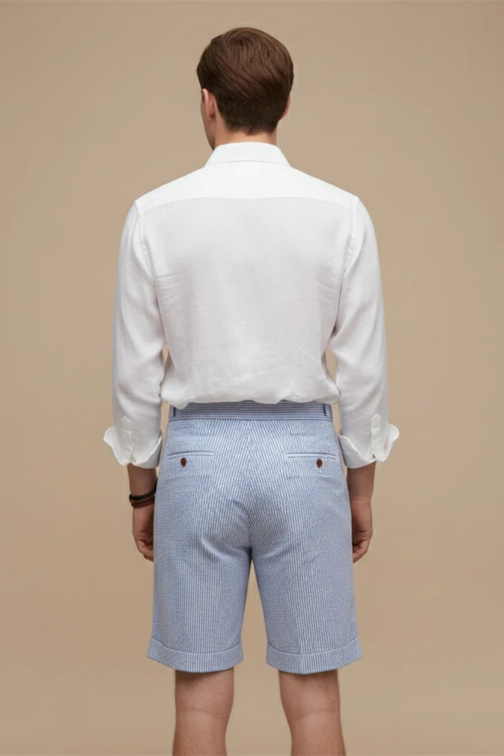 High Waist Striped Seersucker Chino Shorts for Men with Pleated Turn-Up Hem