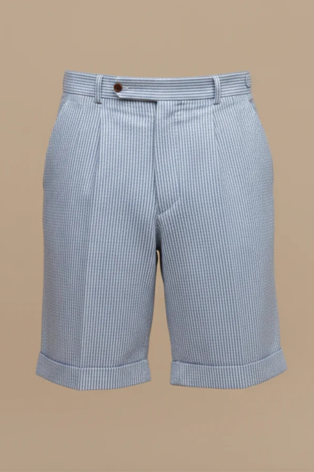 High Waist Striped Seersucker Chino Shorts for Men with Pleated Turn-Up Hem