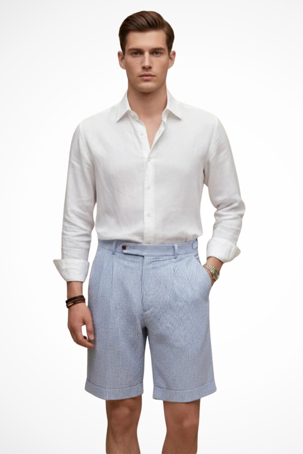 High Waist Striped Seersucker Chino Shorts for Men with Pleated Turn-Up Hem