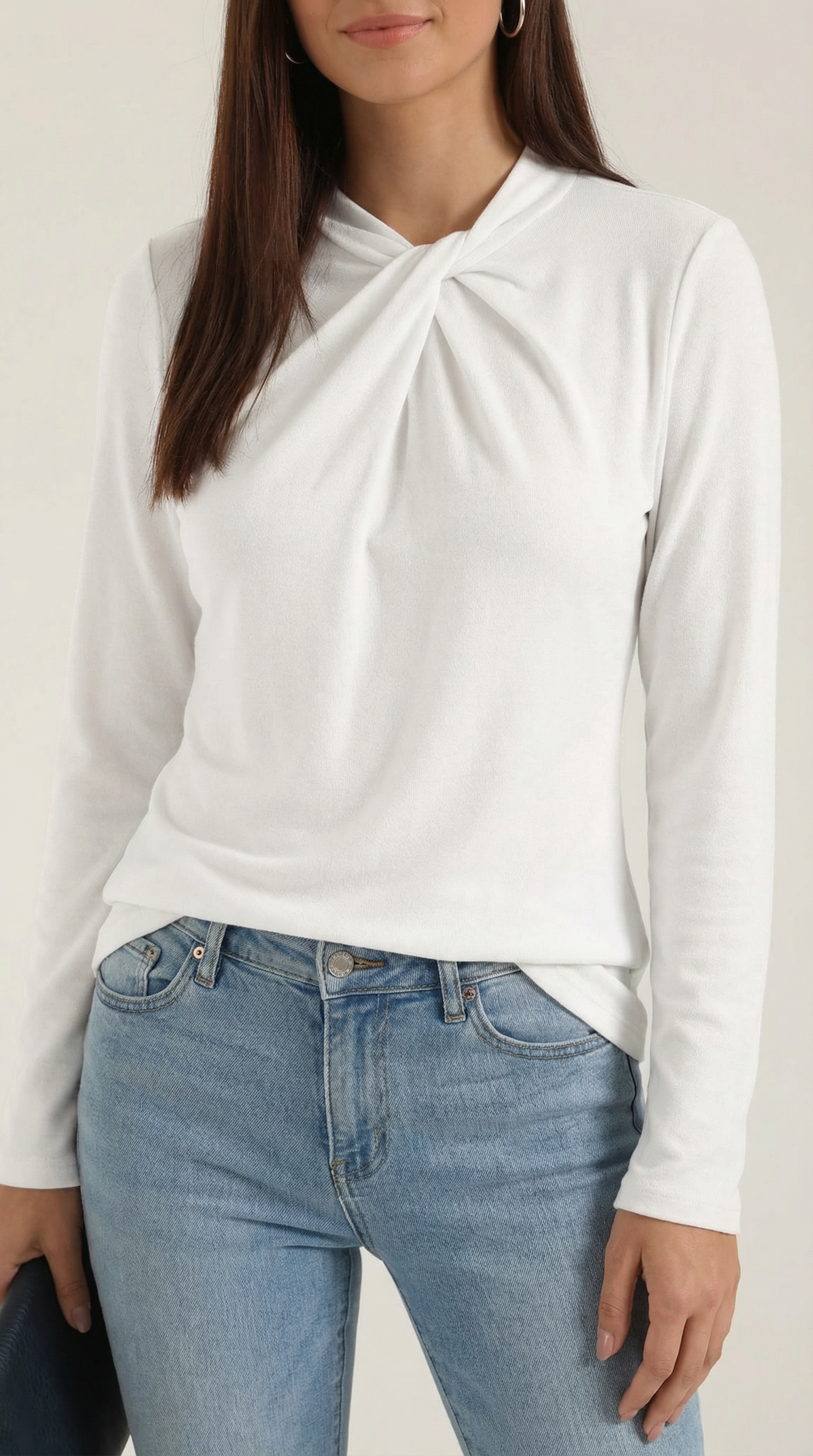 Knotted Mock Neck Blouse in Lightweight Fabric for Casual or Office Wear