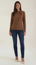 Knotted Mock Neck Blouse in Lightweight Fabric for Casual or Office Wear