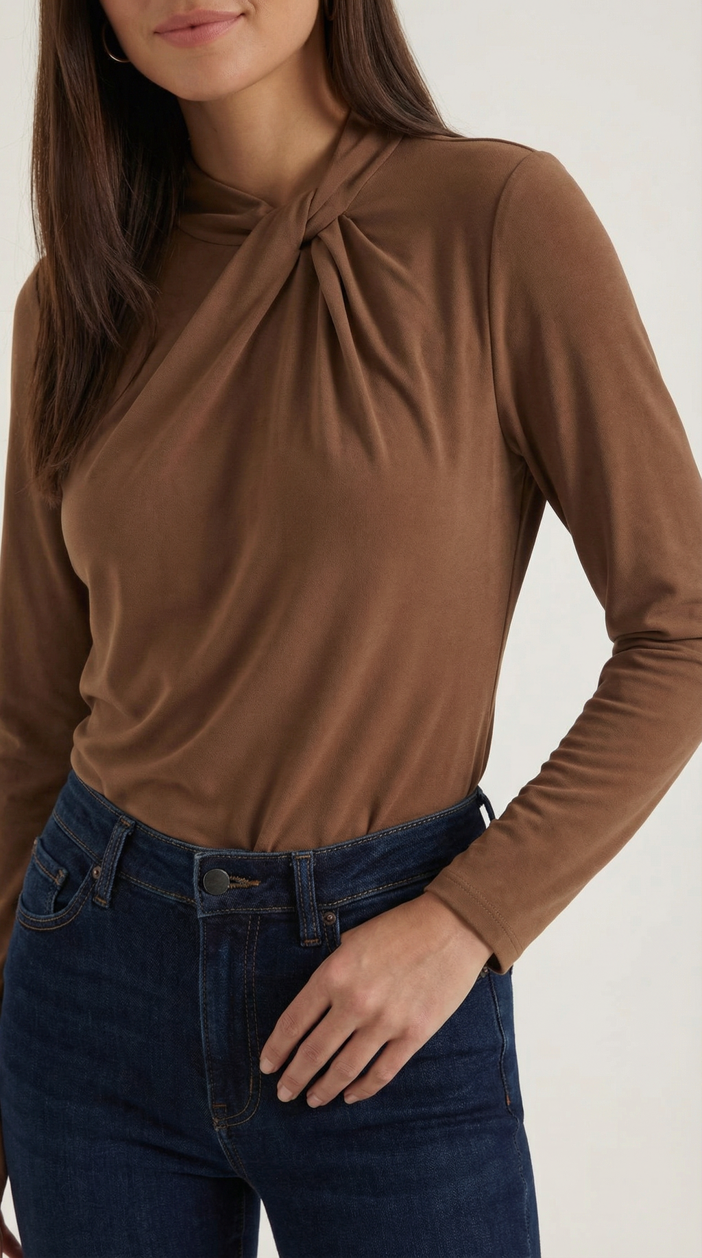 Knotted Mock Neck Blouse in Lightweight Fabric for Casual or Office Wear