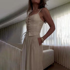 Lace-Up Women's Top and Wide Leg Pants Set for Casual Wear