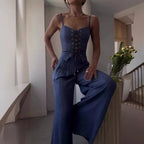 Lace-Up Women's Top and Wide Leg Pants Set for Casual Wear