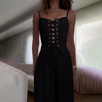 Lace-Up Women's Top and Wide Leg Pants Set for Casual Wear