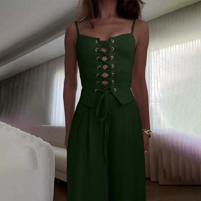 Lace-Up Women's Top and Wide Leg Pants Set for Casual Wear