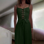 Lace-Up Women's Top and Wide Leg Pants Set for Casual Wear