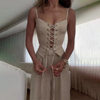 Lace-Up Women's Top and Wide Leg Pants Set for Casual Wear