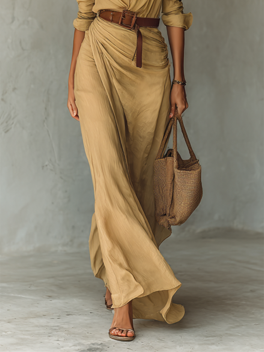 Lapel Maxi Dress with Belt - Long Sleeve, Single Breasted, Women's Fashion