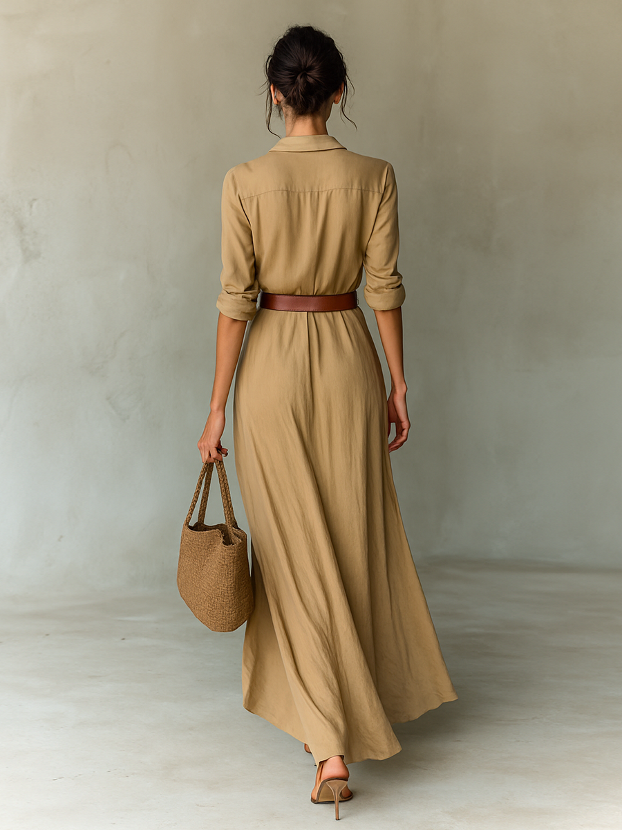 Lapel Maxi Dress with Belt - Long Sleeve, Single Breasted, Women's Fashion