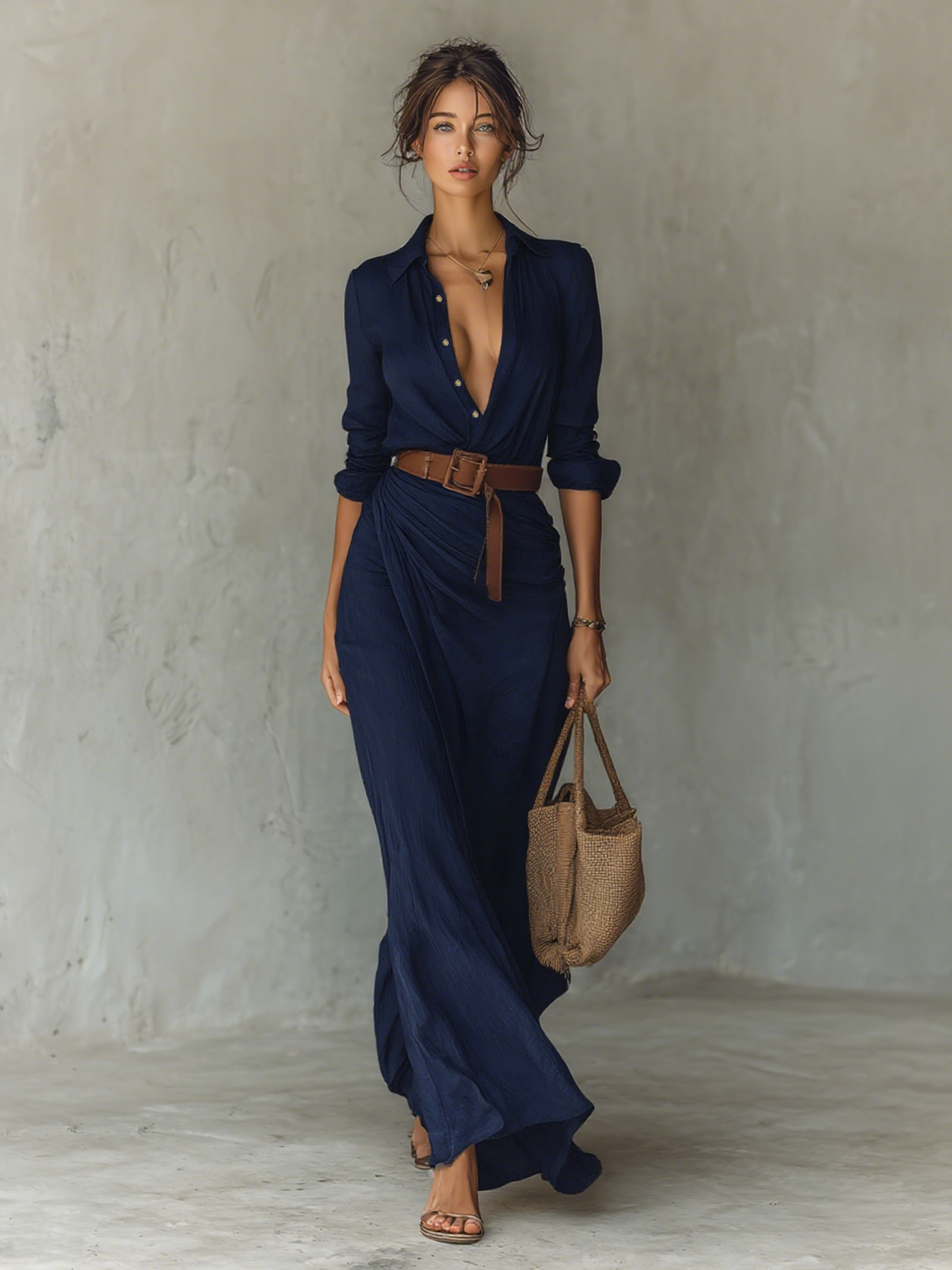 Lapel Maxi Dress with Belt - Long Sleeve, Single Breasted, Women's Fashion