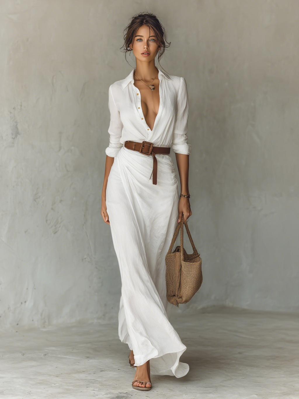 Lapel Maxi Dress with Belt - Long Sleeve, Single Breasted, Women's Fashion