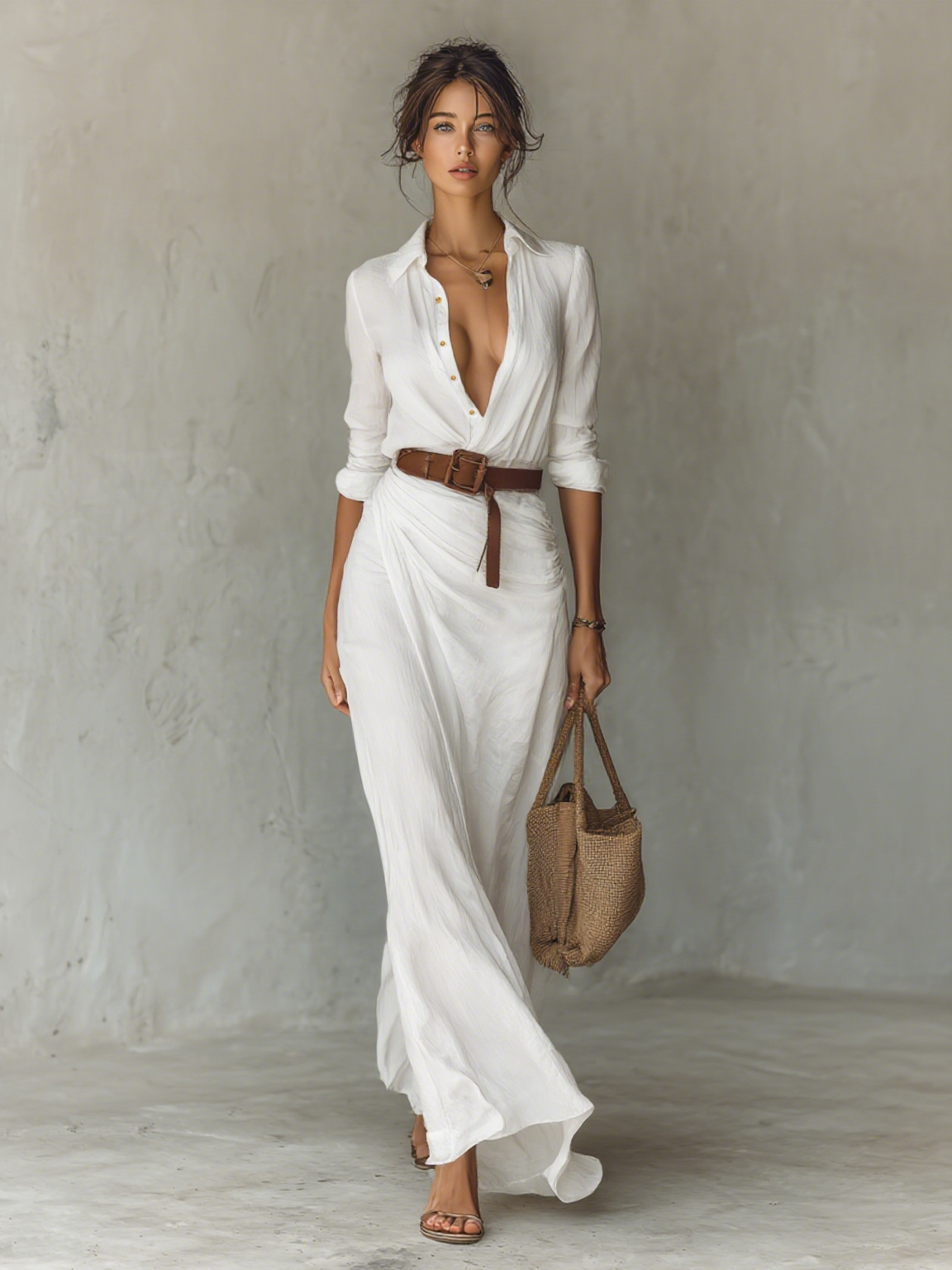 Lapel Maxi Dress with Belt - Long Sleeve, Single Breasted, Women's Fashion